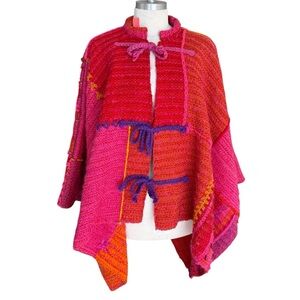 VINTAGE HAND WOVEN Colorful Women's Sweater Poncho Partially Lined AMAZING FIND
